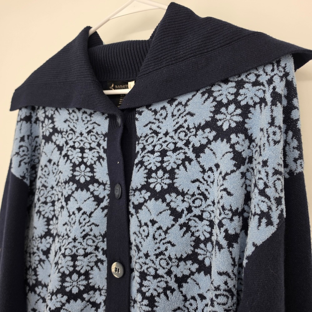 Nanette Lepore Cardigan Sweater Large Navy Blue Floral Damask Cottagecore - Picture 2 of 11